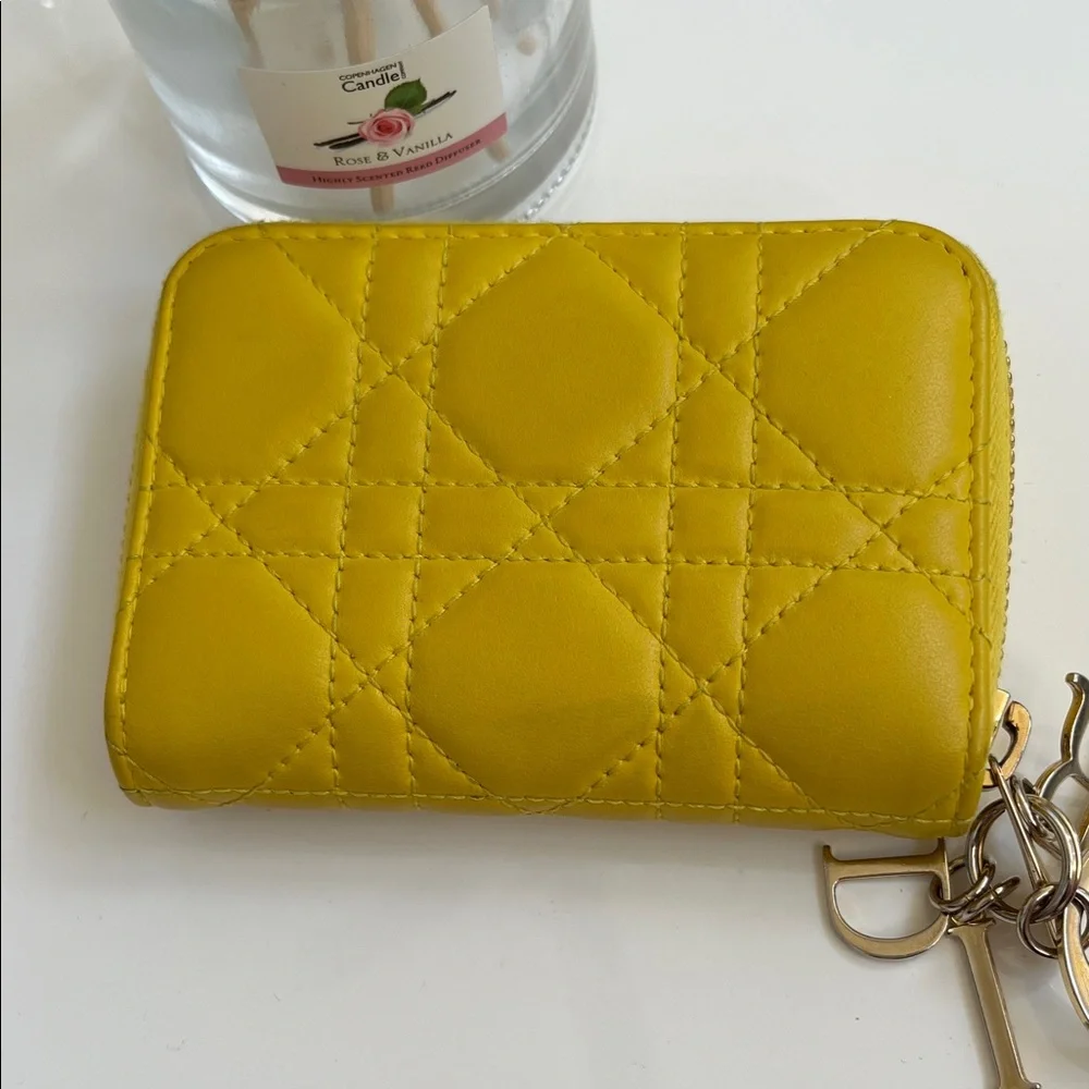 Authentic Dior Cannage Quilted Credit Card Zipper Leather Wallet with Charms